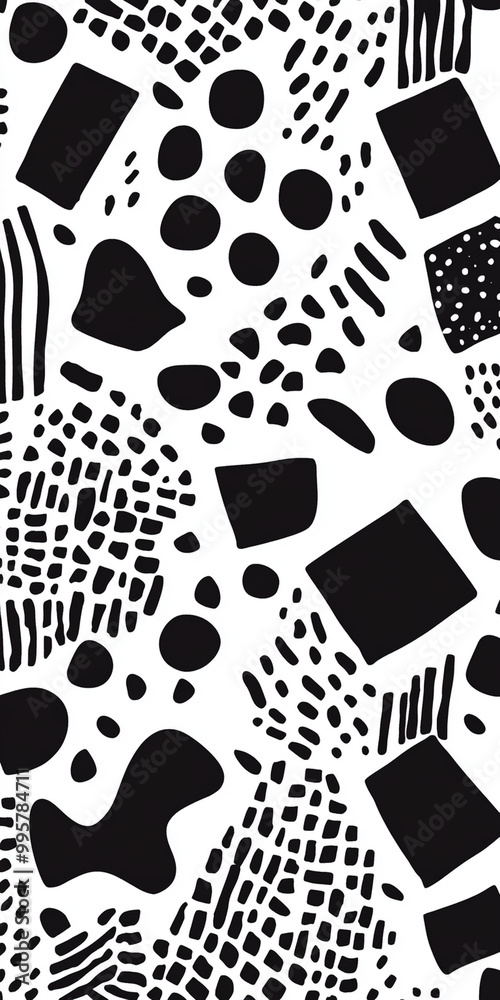 Abstract black and white textile fabric featuring variety of shapes and patterns, creating dynamic and modern design. This unique pattern adds stylish touch to any project Abstract black and white textile fabric featuring variety of shapes and patterns, creating dynamic and modern design. This unique pattern adds stylish touch to any project