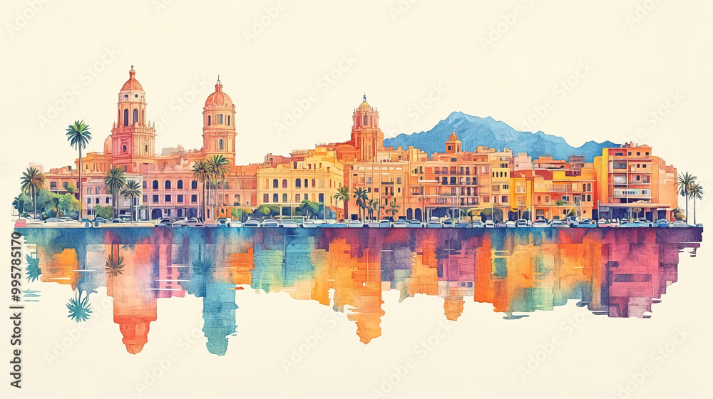 Obraz premium Mlaga, Spain, color pen pencil hand-drawn effect drawing illustration for travel poster, card, wallpaper, backdrop or banner. Modern, clear, artistic and simple