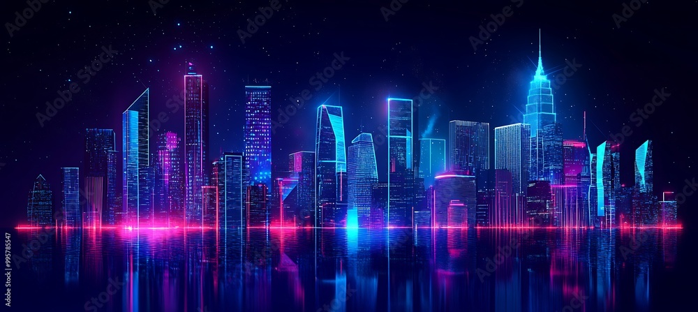 A holographic city skyline at night, with glowing lights and 3D projections A holographic city skyline at night, with glowing lights and 3D projections