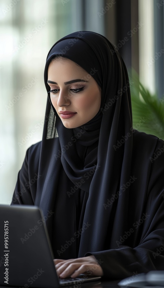 Young Muslim Woman in Hijab Focused on Working on Laptop, Technology and Work Concept. Young Muslim Woman in Hijab Focused on Working on Laptop, Technology and Work Concept.