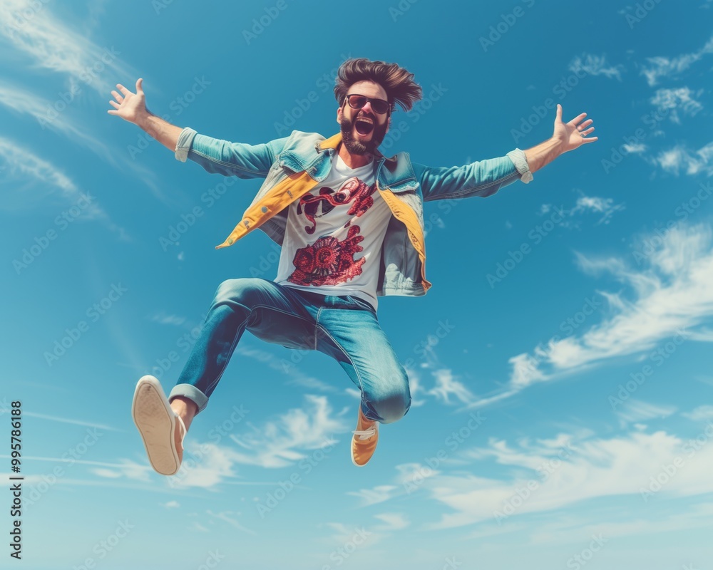Excited Young Man Jumping Against Blue Sky in Casual Outfit - Fun and Freedom Concept Excited Young Man Jumping Against Blue Sky in Casual Outfit - Fun and Freedom Concept