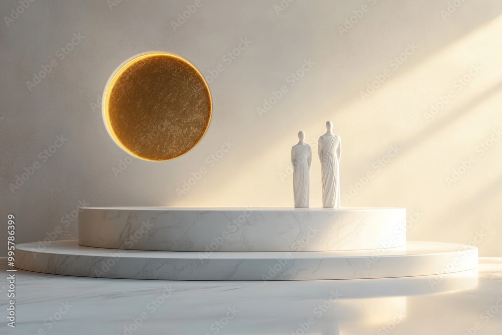 Two White Statues on a Marble Platform with a Golden Circle in the Background Two White Statues on a Marble Platform with a Golden Circle in the Background