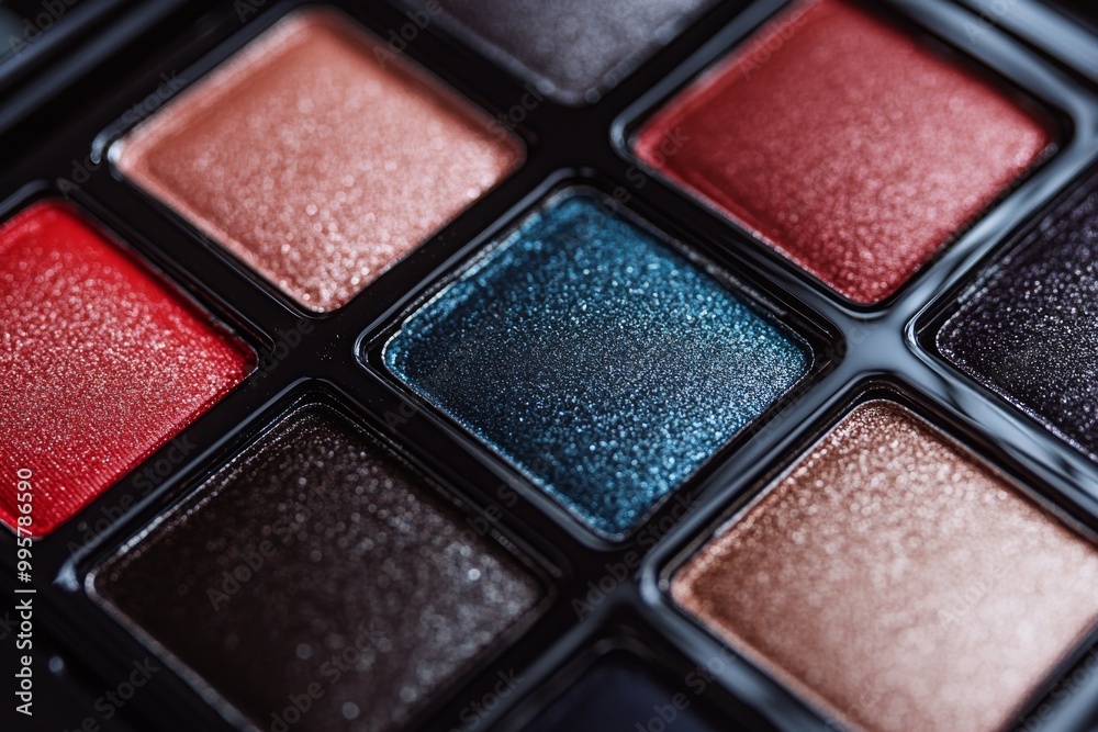 Compact eyeshadow palette with shimmer and matte finishes in shades of red blue and bronze ideal for creating bold beauty looks and high end makeup styling Compact eyeshadow palette with shimmer and matte finishes in shades of red blue and bronze ideal for creating bold beauty looks and high end makeup styling