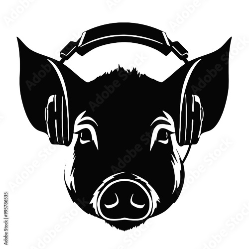 Cool rich gangster boss pig with  with headphones on isolated background