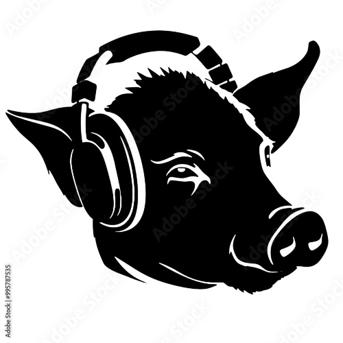 Cool rich gangster boss pig with  with headphones on isolated background