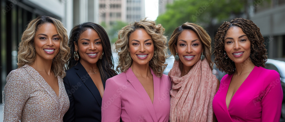 Fototapeta premium A group of diverse women smiling together in a city setting, showcasing confidence and community spirit.