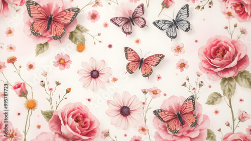 Floral Pattern with Butterflies and Roses