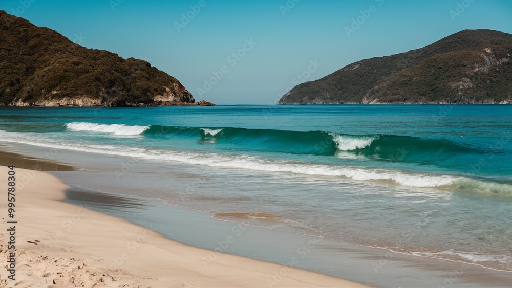 Secluded Beach with Gentle Waves and Lush Green Hills Secluded Beach with Gentle Waves and Lush Green Hills