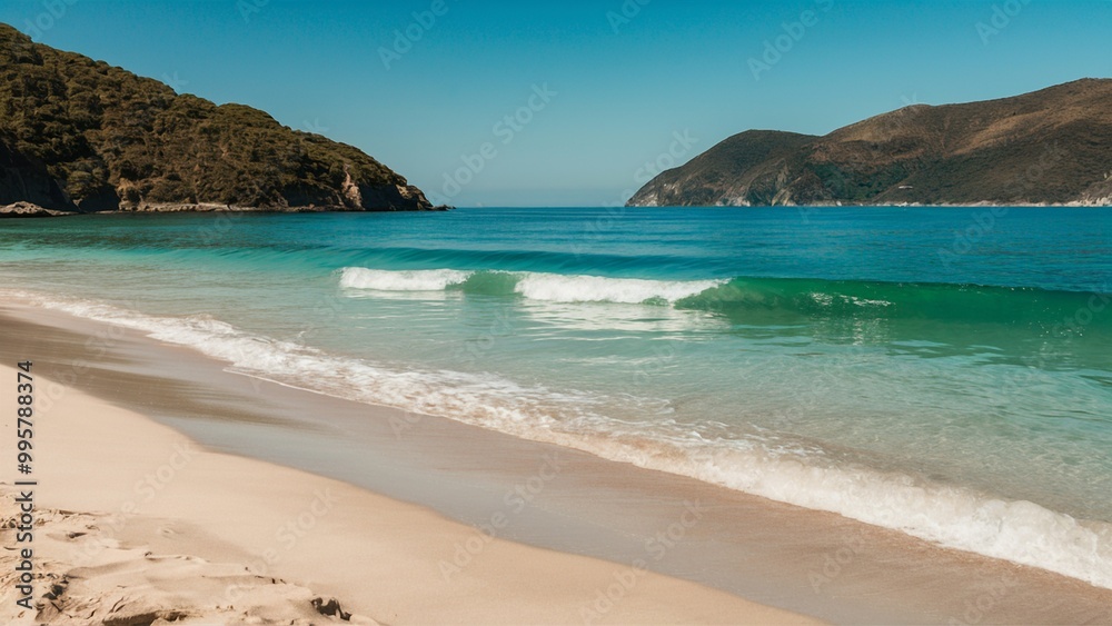 Secluded Beach with Gentle Waves and Lush Green Hills Secluded Beach with Gentle Waves and Lush Green Hills