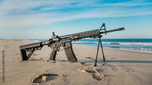 Semi-Automatic Rifle on a Sandy Beach with Ocean View