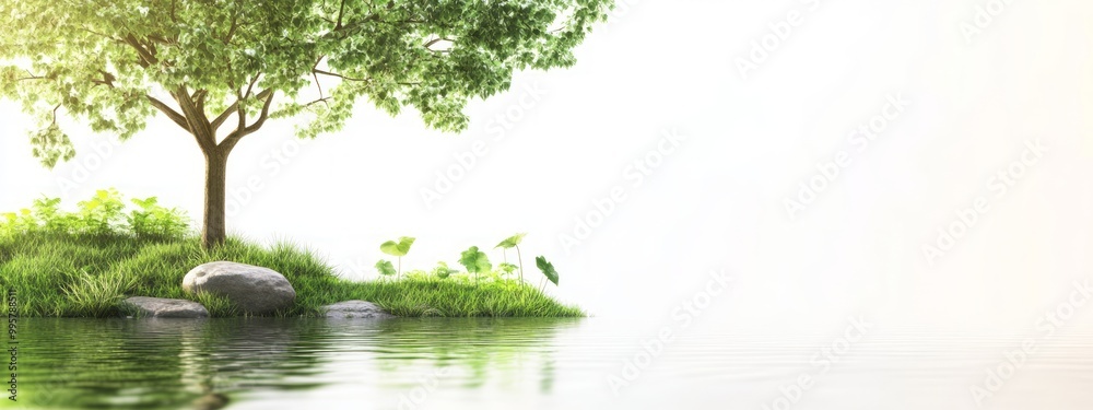 Serene Lakeside Landscape with Lush Greenery and Peaceful Reflection Serene Lakeside Landscape with Lush Greenery and Peaceful Reflection