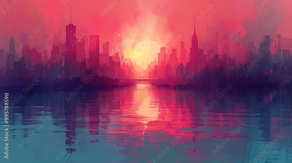 Vibrant Sunset Over a Modern City Skyline Reflecting on Calm Waters Vibrant Sunset Over a Modern City Skyline Reflecting on Calm Waters