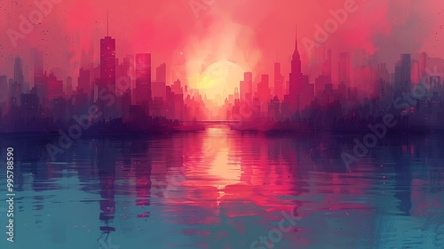 Vibrant Sunset Over a Modern City Skyline Reflecting on Calm Waters