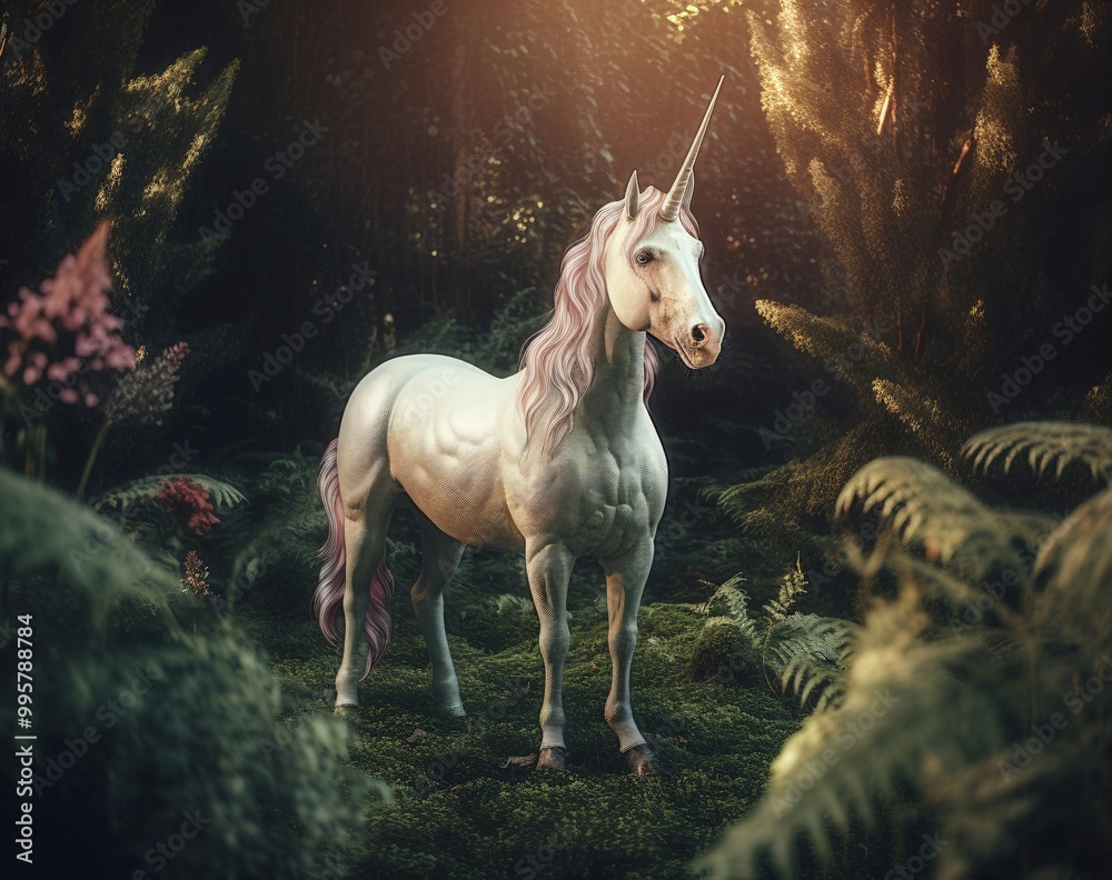 Majestic Unicorn in Enchanted Forest at Sunset Majestic Unicorn in Enchanted Forest at Sunset