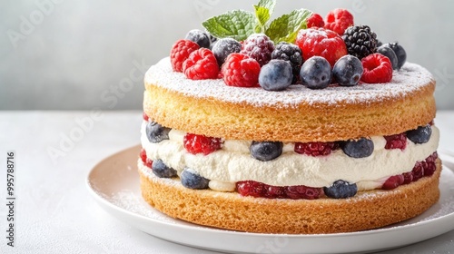 Wallpaper Mural A delicious layered cake topped with fresh berries and mint leaves, perfect for celebrations. Torontodigital.ca