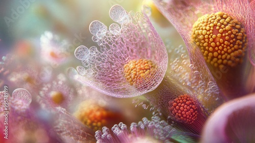 Close-up of Delicate Pink Flower with Orange Pollen and Intricate Veins