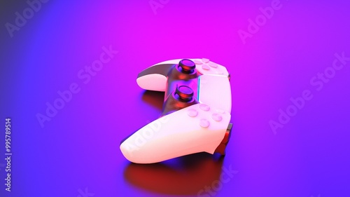 Modern white gamepad illuminated in red and blue. Game controller for video games and e-sports on a dark back