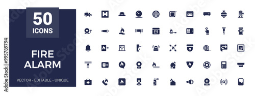 Fire alarm systems icons set, related to Alert, smoke sensor, glyph collection for web and ui. Filled icon pack, Solid icons set. Vector illustration.