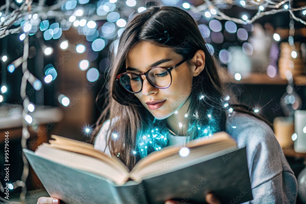 The atmosphere of a New Year's fairy tale and magic. A beautiful, young girl with glasses is reading a book. Magic lights twinkle around her. The atmosphere of a New Year's fairy tale and magic. A beautiful, young girl with glasses is reading a book. Magic lights twinkle around her.