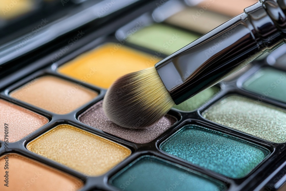Professional grade eyeshadow palette in shades of green bronze and brown paired with a high quality blending brush perfect for soft natural beauty looks Professional grade eyeshadow palette in shades of green bronze and brown paired with a high quality blending brush perfect for soft natural beauty looks