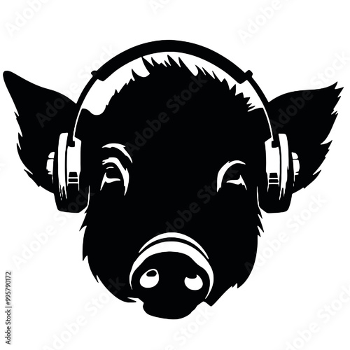 Portrait of funny pig with headphones on isolated background