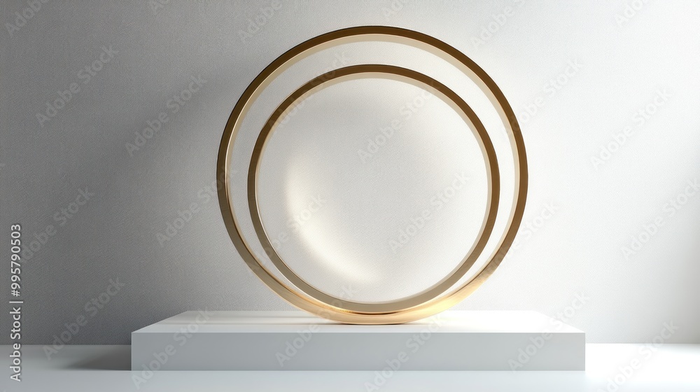 Two Interlocking Golden Rings on a White Platform Two Interlocking Golden Rings on a White Platform
