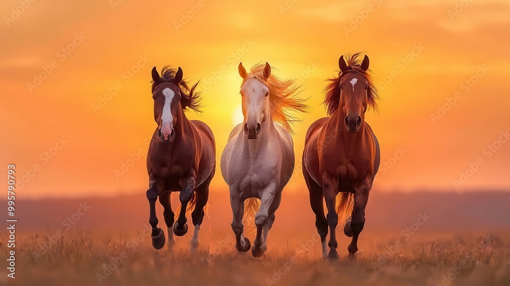 Three horses gallop toward the camera against a stunning sunset backdrop, highlighting their strength and beauty in a vibrant landscape. Three horses gallop toward the camera against a stunning sunset backdrop, highlighting their strength and beauty in a vibrant landscape.