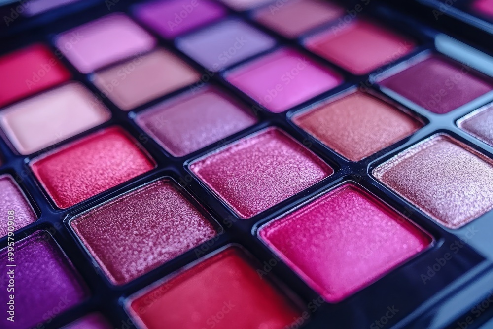 Luxurious eyeshadow palette with a mix of pink red and purple shimmer shades illuminated by soft lighting ideal for glamorous beauty looks in high end makeup applications Luxurious eyeshadow palette with a mix of pink red and purple shimmer shades illuminated by soft lighting ideal for glamorous beauty looks in high end makeup applications