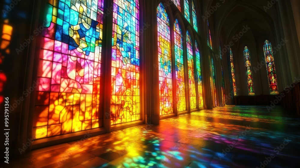 Colorful Stained Glass Windows Casting Light Patterns on a Church Floor Colorful Stained Glass Windows Casting Light Patterns on a Church Floor