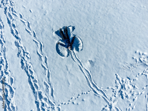 View from above of the ancient bell tower of Curon Venosta on Lake Resia photo