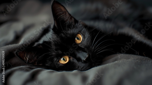 Close-Up of Black Cat Relaxing on Bed with Focused Eyes, Captured in Warm-Toned, High-Definition Photography