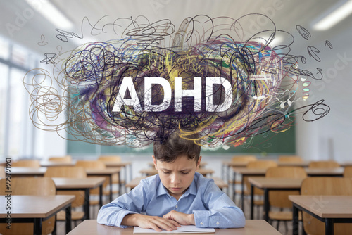 Child with ADHD concept. Attention Deficit Hyperactivity Disorder. Chaotic mind. Chaos thinking. Awareness, prevention and treatment.  photo