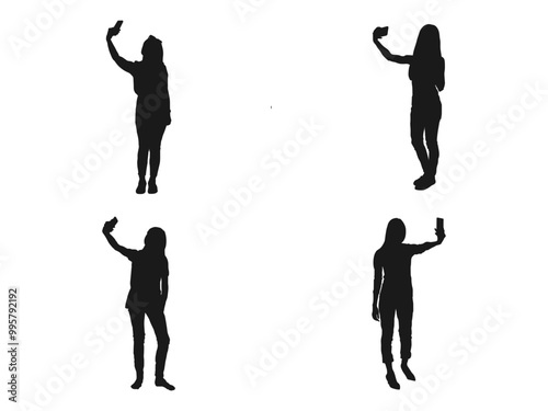 Woman taking selfie silhouettes set. silhouettes of people taking selfies. Woman taking selfie of holding and talking on mobile phone. Woman taking selfie with smartphone on white background.