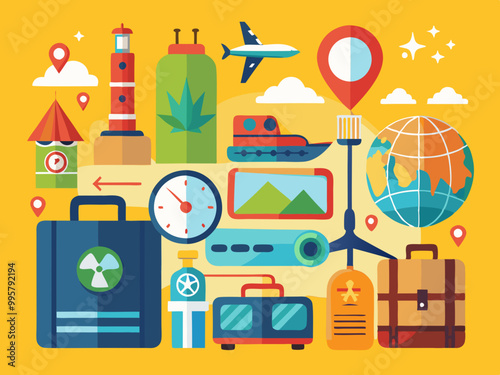 Travel icon set. Summer vacations and holiday symbol vector illustration. Collection of traveling and tourism elements.
