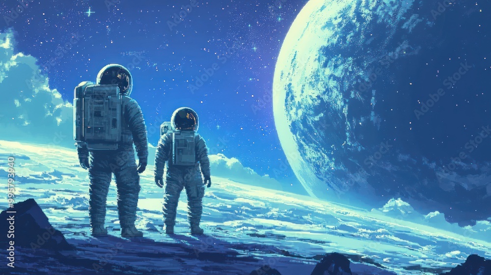 Two Astronauts Standing on a Moonlike Planet with a Large Blue Planet in the Background Two Astronauts Standing on a Moonlike Planet with a Large Blue Planet in the Background