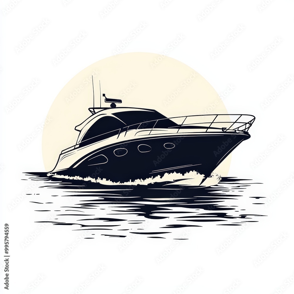 Stylish yacht silhouette cruising on water with sun backdrop, white isolated background. Stylish yacht silhouette cruising on water with sun backdrop, white isolated background.