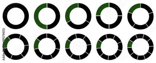 A round segmented chart. Divided into 1-10 parts. A diagram with a hole in the middle. Segmented circle icons for infographic, data analysis, web design, ui or presentation. Green and black.