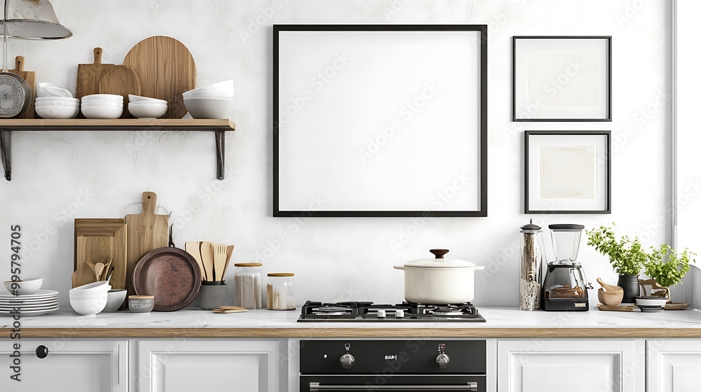 Obraz premium Minimalist Kitchen Decor with Wooden Frames and White Ceramics