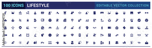 Lifestyle icons collection. Related to healthy lifestyle, diet, exercise, filled icon set, glyph for web and ui. Solid icons set. Vector illustration.