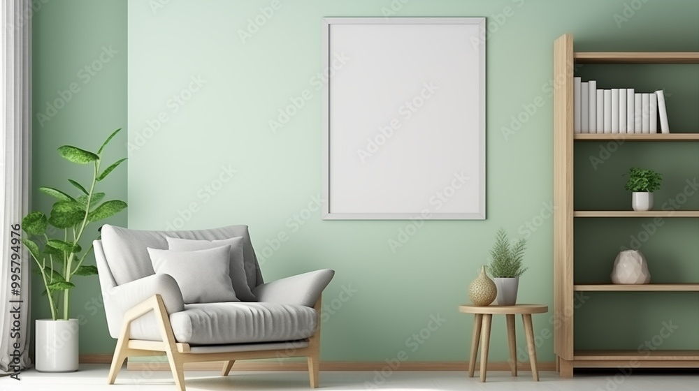 Minimal reading room with white mock up frame on the wall. Minimal reading room with white mock up frame on the wall.