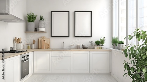 Minimalist Kitchen Decor with Wooden Frames and White Ceramics