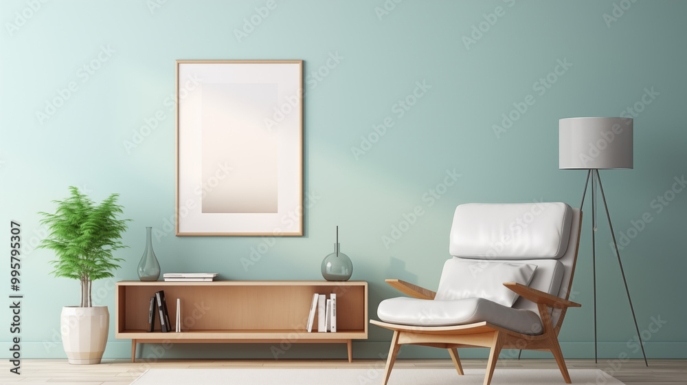 Modern reading room with cream mock up frame on pastel blue wall. Modern reading room with cream mock up frame on pastel blue wall.