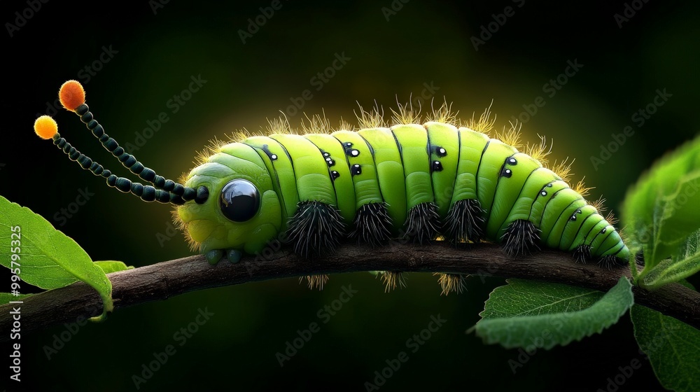 Green Caterpillar with Big Eyes on a Branch: A close-up shot of a green caterpillar with big, black eyes perched on a branch, bathed in soft, golden light. Green Caterpillar with Big Eyes on a Branch: A close-up shot of a green caterpillar with big, black eyes perched on a branch, bathed in soft, golden light.