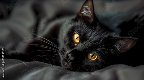 Close-Up of Black Cat Relaxing on Bed with Focused Eyes, Captured in Warm-Toned, High-Definition Photography