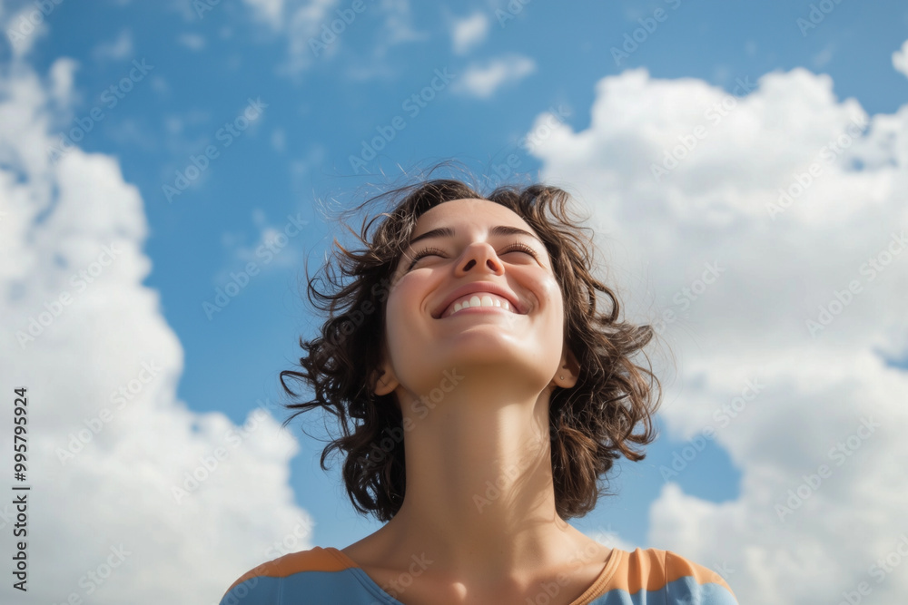 Portrait of young woman smiling warmly under bright blue sky, with carefree hair flowing in the breeze, capturing joy and freedom on sunny day. Portrait of young woman smiling warmly under bright blue sky, with carefree hair flowing in the breeze, capturing joy and freedom on sunny day.