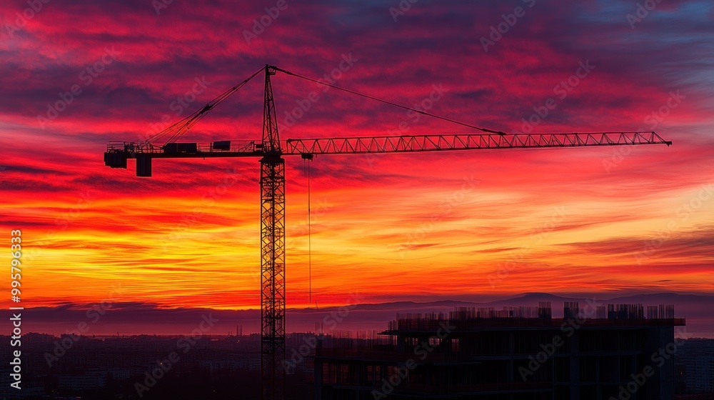 Naklejka premium A silhouette of a construction crane against a vibrant sunset sky.