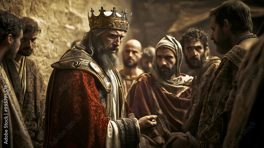 Naklejka premium The Parable of the Unforgiving Servant: A king confronting a servant in debt. Jesus story that he said in Bible Torah New Testament
