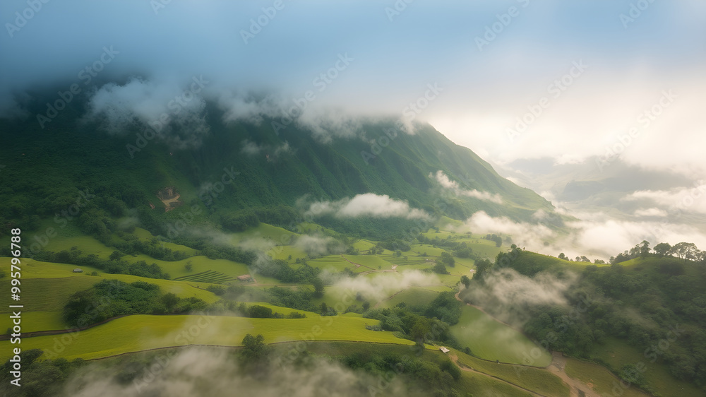 Fototapeta premium Misty Green Valley Landscape at Dawn