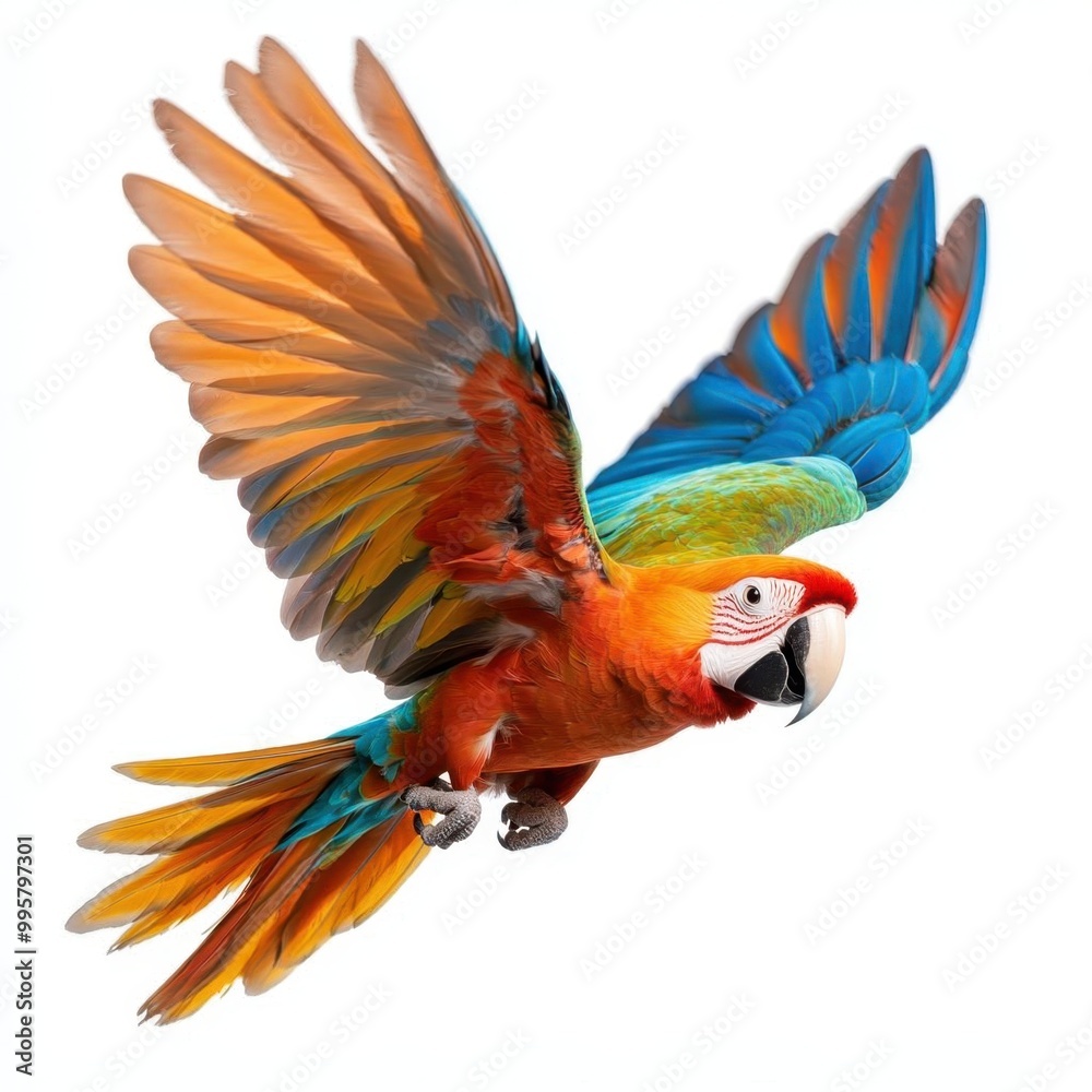 Fototapeta premium A photostock images of colorful flying parrot isolated on a clean white background