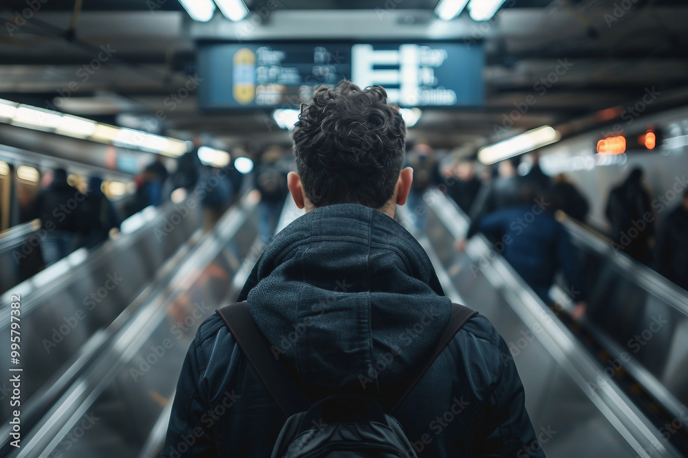 Futuristic modern public transport station with crowd of people, Generative AI image